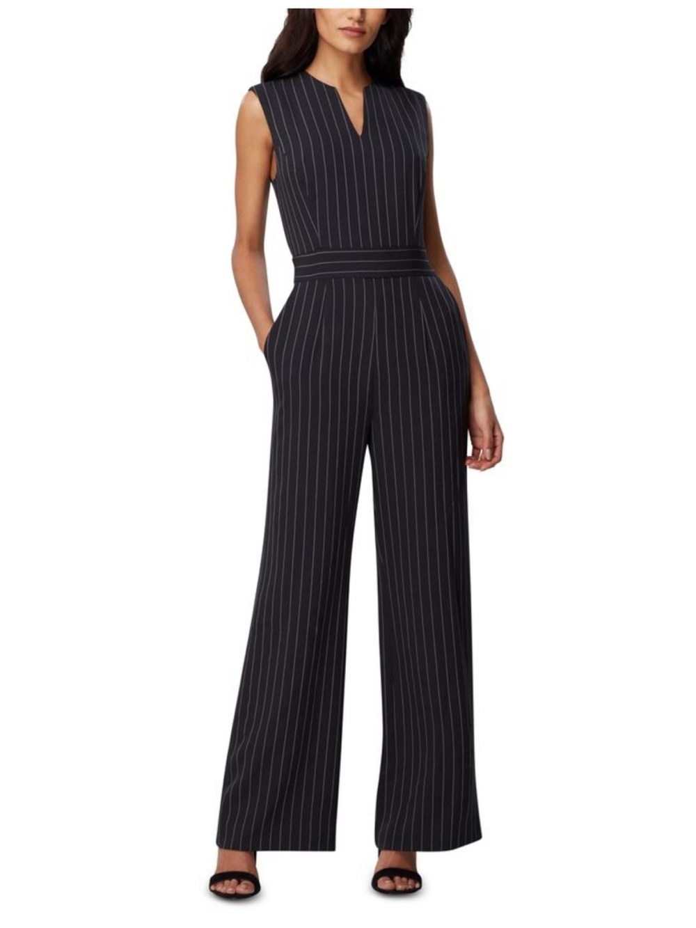 Tahari Black Pinstripe Sleeveless Wide Leg V-Notch Jumpsuit